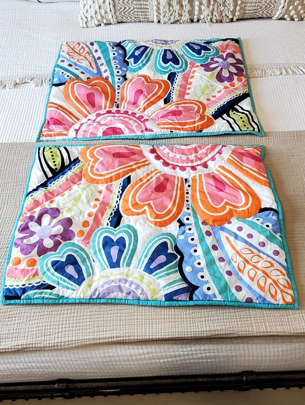 Pottery Barn Teen Cotton Quilted Retro Floral Pillow Sham Set, Standard, EUC